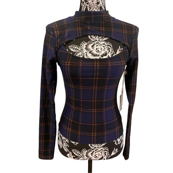 Nwt Good American Plaid Long Sleeve Shirt High Neck Cutout Design - Picture 1 of 16